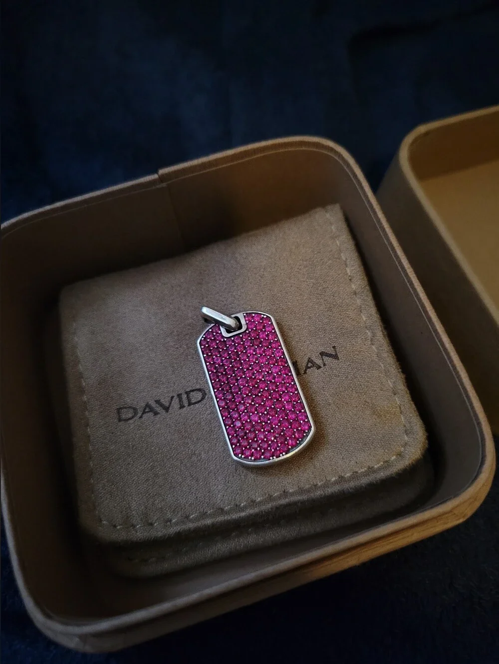 David Yurman Ruby Stone 925 Sterling Silver Dog Tag Pendant Chevron Collection